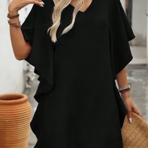 Robe d'été noire unie à col V ample avec manches à volants pour la mode féminine.