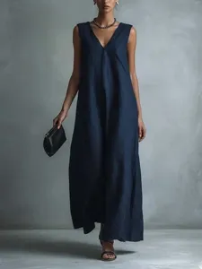 Casual summer sleeveless V-neck solid color maxi dress, elegant women fashion apparel.