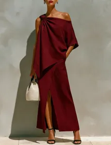 Burgundy asymmetrical one shoulder top front split skirt detail shot of stylish women outfit