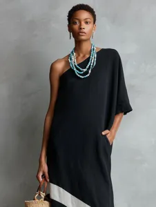 Asymmetrical one-shoulder short sleeve linen dress with contrast stripe detail for women.