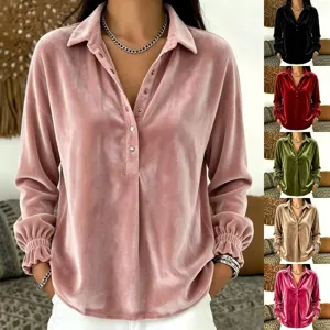 Women velvet long sleeve shirt casual lapel button down blouse winter fashion stylish top