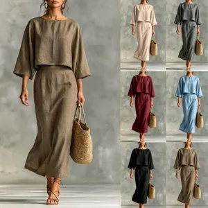 Women linen two piece set casual loose round neck top high waist midi skirt outfit.