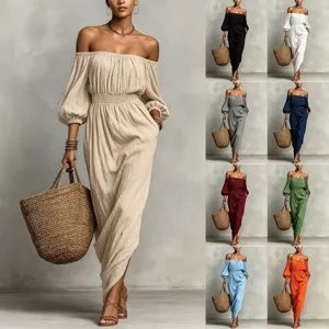 Damen Schulterfreies langes Kleid lässig einfarbig elegant Sommer Maxikleid Strandmode