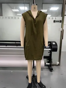 Detail view of the sleeveless hooded mini dress with raw edge design and side pockets.
