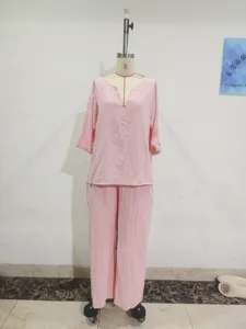 Pink linen lounge set V-neck top wide leg pants casual two piece sleepwear outfit