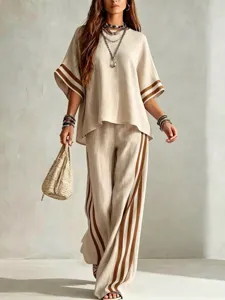 Detailed view of a casual linen two-piece resort set with chic contrast stripes for women.