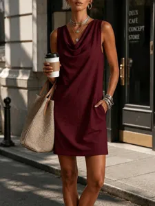 Sleeveless cowl neck mini dress in wine red for women, perfect for stylish daily wear.