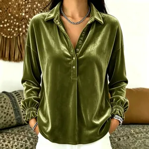 Women's velvet long sleeve blouse autumn winter fashion casual turn-down collar top detail