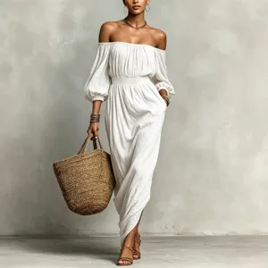 Weißes schulterfreies Maxikleid für Damen Urlaub lässig gesmokte Taille elegantes Kleid