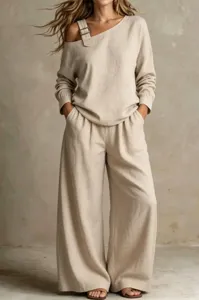 Stylish beige linen blend two-piece set, asymmetric one-shoulder long sleeve top and wide leg pants.