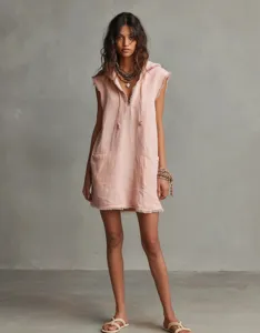Pink sleeveless hooded mini dress with raw edge, V-neck, and front pockets for women.