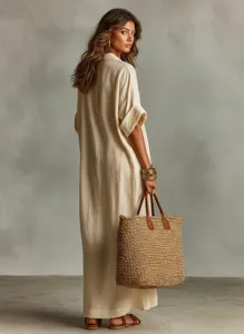 Detail view of minimalist solid color short sleeve long dress featuring relaxed fit in elegant apricot.