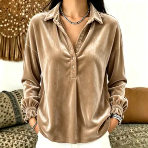 Elegant velvet long sleeve shirt for women, casual lapel button-up autumn top fashion.