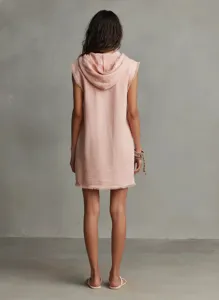 Detail view of a pink sleeveless hooded mini dress with raw fringe edges, casual minimalist style.