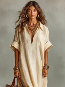 Minimalist solid color short sleeve dress detail, loose casual apricot womens apparel for summer.