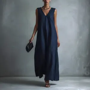 Women Casual Solid Color V-Neck Sleeveless Long Dress Elegant Loose Fit Summer Beach Maxi Dress Fashion Apparel