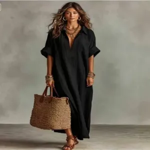 Minimalist solid color short sleeve maxi dress, loose casual women fashion dress for daily wear.