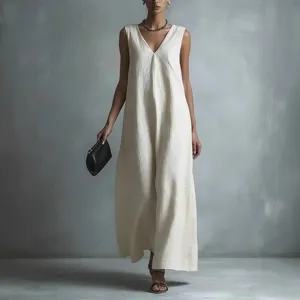 Casual spring summer solid color sleeveless V-neck long dress for women fashion white
