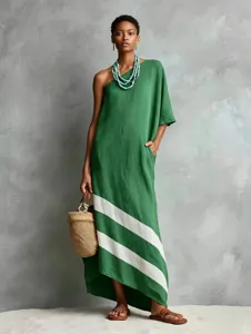 Green asymmetric one-shoulder linen-blend dress detail featuring chic diagonal white contrast stripes.