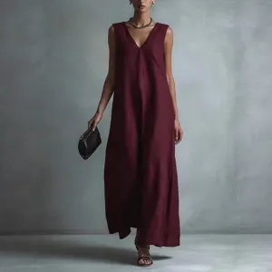 Elegant sleeveless V-neck maxi dress for women, chic solid color casual long dress.