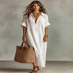 Casual loose solid color short sleeve dress for women, elegant daily wear maxi dress style.