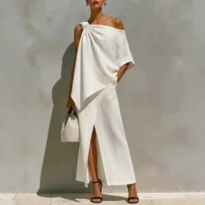 Chic one-shoulder asymmetric women outfit set solid color elegant summer two piece clothing