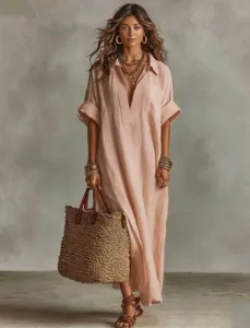 Casual loose solid color short sleeve midi dress in apricot with woven straw bag.