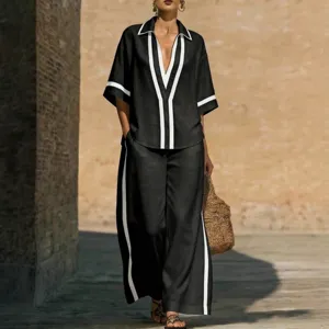 Women Casual Colorblock Short Sleeve Shirt And Wide Leg Pants Two Piece Set Summer Loose Vacation Outfit Fashion Apparel
