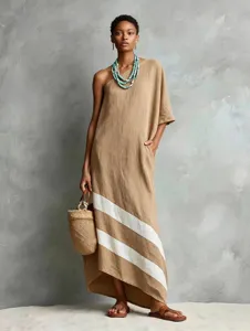 Casual one-shoulder linen dress with diagonal stripes and irregular hem for spring wear.