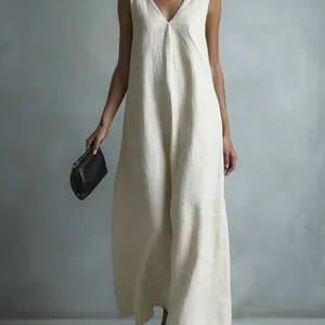 Women Summer Casual Solid V-Neck Sleeveless Long Dress Elegant White Fashion Apparel
