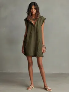 Women sleeveless hooded mini dress olive green raw edge casual minimalist summer beachwear