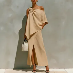 Elegant one shoulder irregular top and front slit skirt set for women, chic beige outfit.