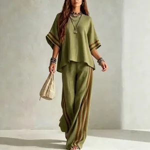 Women Casual Color Block Two Piece Set Loose Three-Quarter Sleeve Top And Long Pants Vacation Outfit