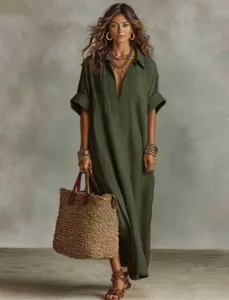 Women's loose dark green short sleeve midi dress, comfortable fabric, casual daily vacation style.