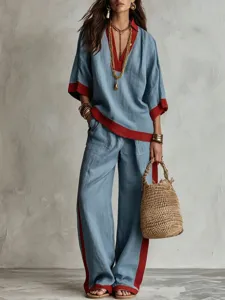 Completo autunnale donna due pezzi top scollo V manica corta e pantaloni larghi alla moda