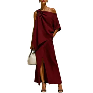 Burgundy asymmetric one-shoulder top and front slit long skirt women fashion two piece set
