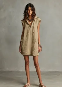 Sleeveless hooded mini dress detail view, raw edge finish, casual minimalist design.