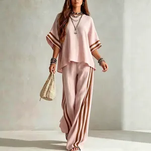 Casual pink linen two piece set women vacation loose outfit with contrast side stripes main view