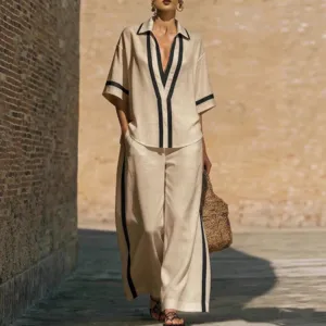 Women casual two piece linen set short sleeve V-neck shirt and wide leg trousers outfit