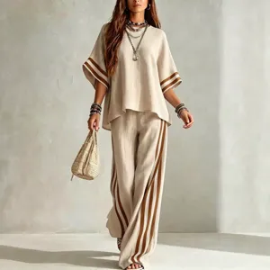 Casual two-piece linen resort outfit with color-block side stripes for women, loose fit.