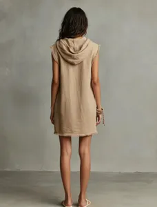 Women sleeveless hooded mini dress with raw edge detail minimal casual neutral style