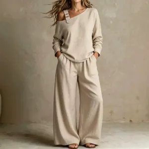 Women's Casual Loose Solid Color One Shoulder Long Sleeve Top And Wide Leg Pants Two Piece Set Elegant Commuter Outfit