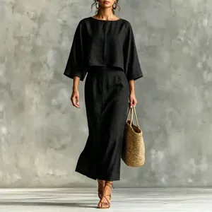 Women two-piece set round neck top high waist long skirt elegant casual outfit black