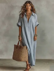 Casual solid color short sleeve V-neck midi dress with straw handbag for women summer fashion.
