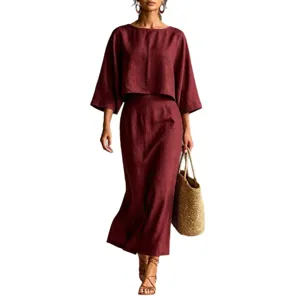Women two piece linen outfit crewneck crop top and high waist maxi skirt elegant set
