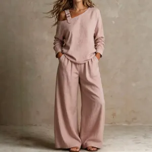 Women casual loose one shoulder long sleeve top wide leg pants two piece set mauve color