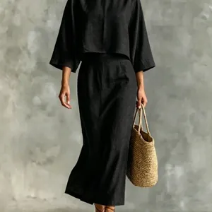 Elegant black two piece outfit women loose 3/4 sleeve top and high waist long maxi skirt.
