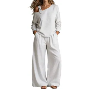 Women casual two piece set long sleeve one shoulder top with wide leg trousers outfit