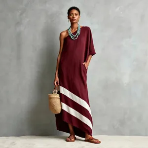 Women Casual Cotton Linen Dress Summer Short Sleeve One Shoulder Color Block Irregular Maxi Dress Loose Beach Party Dress