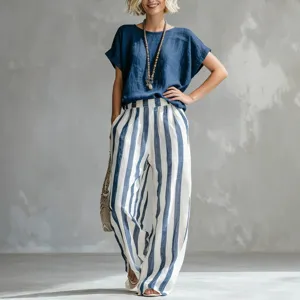 Women's Casual Crew Neck Short Sleeve T-Shirt And High Waist Striped Straight Leg Pants Two Piece Set